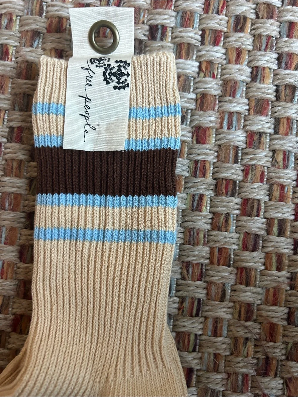 Free People Cream Crew Socks with Blue and Brown Stripe Accents
